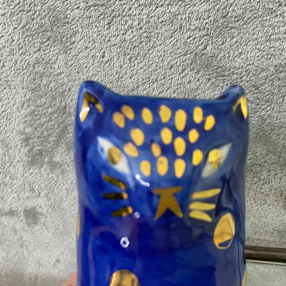 Bird Can Fox for Anthropologie Ceramic Cat-Shaped Vase Brush pen holder blue/gld